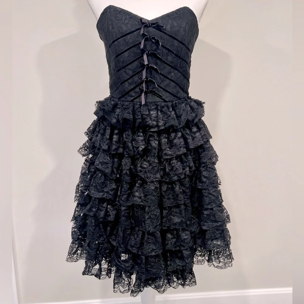 Rare Vintage BETSEY JOHNSON Evening Tulle Lace Velvet LBD Little Black Dress 2 - Picture 1 of 6